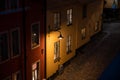 Stockholm, Sweden. Cobbled street in Sodermalm. Color street with cobblestone road, streetlight. Narrow street. Royalty Free Stock Photo