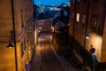 Stockholm, Sweden. Cobbled street in Sodermalm. Color street with cobblestone road, streetlight. Narrow street. Royalty Free Stock Photo