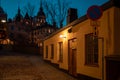 Stockholm, Sweden. Cobbled street in Sodermalm. Color street with cobblestone road, streetlight. Narrow street. Royalty Free Stock Photo