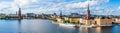 Stockholm city landscape of the old town, Gamla Stan and city hall island on the waterfront of Lake Malaren from Monteliusvagen