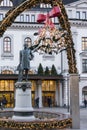 Statue of Nils Ericson, a famous Swedish engineer, in front of Stockholm Central Station during Christmas season