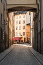 Stockholm, Sweden - Empty narrow paved street of Gamla Stan, old town Royalty Free Stock Photo