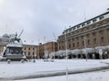 Stockholm, Sweden - February 3, 2019: Gustav Adolfs square covered in snow during winter in Stockholm Royalty Free Stock Photo