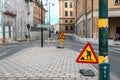 STOCKHOLM, SWEDEN - JANUARY, 2020: Roadwork sign at the side of a road