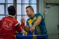 Two Swedish arm wrestlers in a friendly fight. Royalty Free Stock Photo