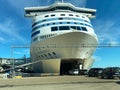 Front view of many cars entering the bow of the Tallink Silja Line cruise ship ferry moored in the port of Vartahamnen, Stockholm.