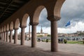 Columns with waterfront and church in the Gamla Stan district of Stockholm, Sweden.