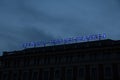 Stockholm, Sweden - July 14, 2019: The neon sign of the Swedish bank Svenska Handelsbanken is mounted on their headquarters