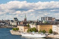 STOCKHOLM, SWEDEN - JULY 14, 2017: View over Riddarholmen island, church and Lady Hutton ship. City center of Stockholm, Sweden Royalty Free Stock Photo