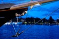 Stockholm, Sweden - June 11, 2019: Luxury three-masted sailing ship EOS at Skeppsbro quay in Stockholm