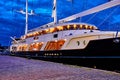 Stockholm, Sweden - June 11, 2019: Luxury three-masted sailing ship EOS at Skeppsbro quay in Stockholm