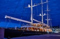 Stockholm, Sweden - June 11, 2019: Luxury three-masted sailing ship EOS at Skeppsbro quay in Stockholm