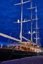 Stockholm, Sweden - June 11, 2019: Luxury three-masted sailing ship EOS at Skeppsbro quay in Stockholm