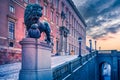 Stockholm, Sweden. Lion sculpture in front of Royal Palace Royalty Free Stock Photo