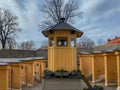 Perspective view of old outdoor prison cells at the ancient Langholmen Prison Facility.