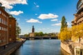 Amazing view on Riddarfjardenv bay, bridge, cityscape and the Stockholm City Hall Tower, the building of the Municipal Council for Royalty Free Stock Photo