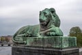 Stockholm, Sweden - May 1, 2019: The statue of Egyptian Lion with hieroglyphs on the North Bridge in the Old Town. Gamla