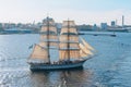 Stockholm, Sweden - May 1, 2019 : Baltic Sea landscape, tourist sailboat against Stockholm city view as background. Local tourism