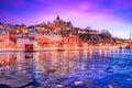 Stockholm, Sweden. Night scenic Mariaberget downtown and frozen Lake Malaren