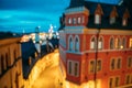 Stockholm, Sweden. Night View Of Traditional Stockholm Street. Residential Area, Cozy Street In Downtown. Night Abstract