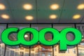 Coop food exterior logotype sign above the entrance to the local shop