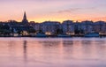 Stockholm, Sweden - Panoramic view over the Stockholm skyline and sea with a blue pink purple sky at dusk Royalty Free Stock Photo