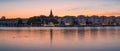 Stockholm, Sweden - Panoramic view over the Stockholm skyline and sea with a blue pink purple sky at dusk Royalty Free Stock Photo