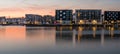 Stockholm, Sweden - Panoramic view over the Stockholm skyline and sea with a blue pink purple sky at dusk Royalty Free Stock Photo