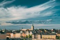 Stockholm, Sweden. Scenic Skyline View Of Old Town With Tower Of Storkyrkan - The Great Church Or Church Of St. Nicholas Royalty Free Stock Photo