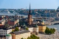 Beautiful horizontal aerial view of the old buildings at Riddarholmen in Stockholm Sweden.