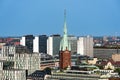 Horizontal cityscape view of the church Klara with surrounding office buildings with sky and horizon in Stockholm