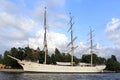 Stockholm / Sweden - 2013/08/01: Skeppsholmen island - yacht serving as a hostel - docked by the Balti sea shoreline