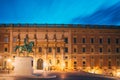 Stockholm, Sweden. Statue Of Former Swedish King Karl XIV Johan Sitting On A Horse Near Royal Palace. Famous Popular Royalty Free Stock Photo