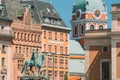 Stockholm, Sweden. Statue Of Former Swedish King Karl XIV Johan Sitting On A Horse Royal Palace. Famous Popular