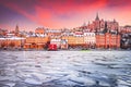 Stockholm, Sweden. Sunset with Mariaberget downtown and frozen Lake Malaren