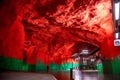 Stockholm, Sweden : underground metro or tunnelbana station Solna Centrum with fire like wall designs