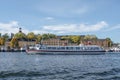 STOCKHOLM SWEDEN 27.09.2021 View of Stockholm with sightseeing boat Kanal Tour in front of harbor Royalty Free Stock Photo