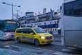 Stockholm - 02/06/2017: taxi and pullman waiting passengers disembarking