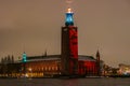 Stockholm town hall on Kungsholmen, dressed in colors in honor to the Nobel dinner ceremony