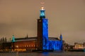 Stockholm town hall on Kungsholmen, dressed in colors in honor to the Nobel dinner ceremony