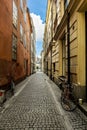 Stockholm.View of narrow streets with bicycles in Gamla Stan.Sweden.