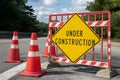 StockImage Barrier with under construction sign and road cones signaling work in progress