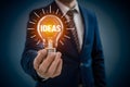 StockImage Businessman holds light bulb, indicating new ideas, 3D illustration