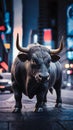 StockImage 3D illustration of big bull on blur city background