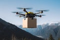 StockImage Drone delivers food, drinks, medicine in cardboard box, mountains