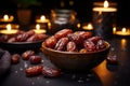 StockImage Selective focus big luxury dried date fruit in bowls Royalty Free Stock Photo