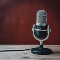 StockImage Studio podcast microphone on dark brown background, broadcasting equipment photo Royalty Free Stock Photo