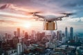 StockImage Urban delivery innovation drone delivers package over city skyline