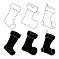 Stocking silhouette and outline icon set. Christmas empty stuffer sock symbol collection. Vector illustration isolated on white Royalty Free Stock Photo