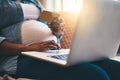 Stocking up before baby arrives. a pregnant woman using a laptop and credit card on the sofa at home.